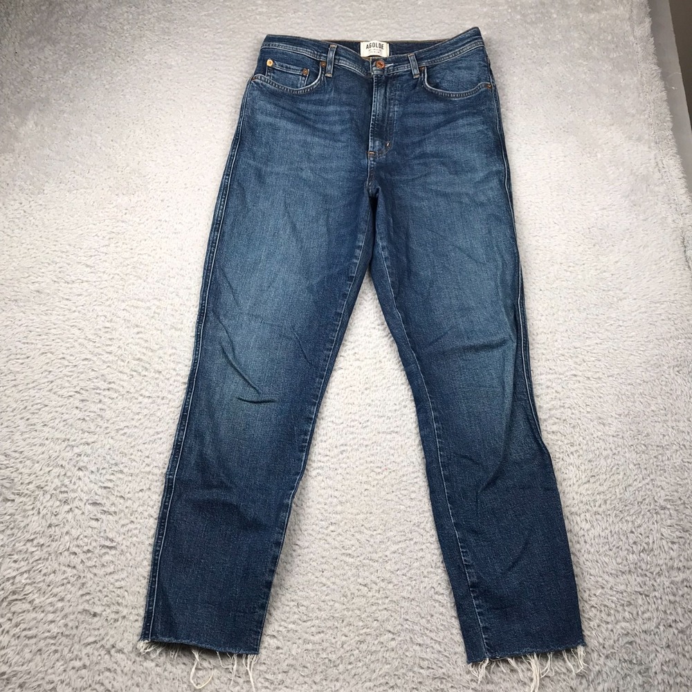 AGOLDE Roxanne Super High Rise Skinny Jeans Womens 29 (30x27) Dark Wash Fray Hem